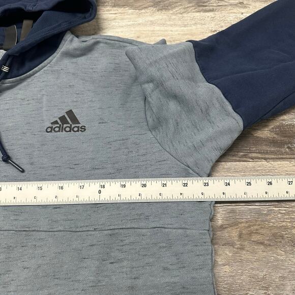 Adidas Mens Gray Two Toned Navy Blue Gray Men L 3-Stripes Logo Sweatshirt Hoodie - Picture 6 of 9
